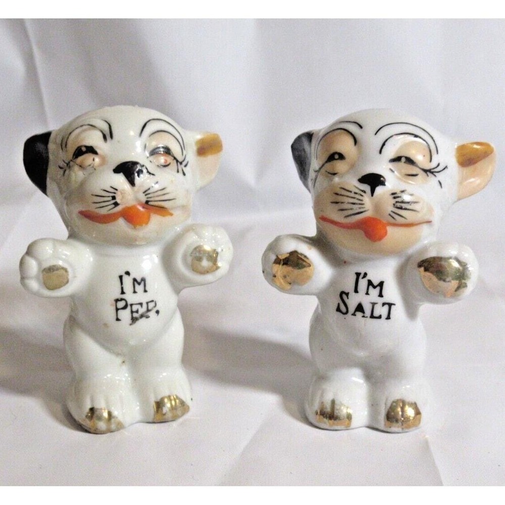 1930's Vintage Salt & Pepper Shakers "I'm Pep, I'm Salt" Cubs Dogs Japan